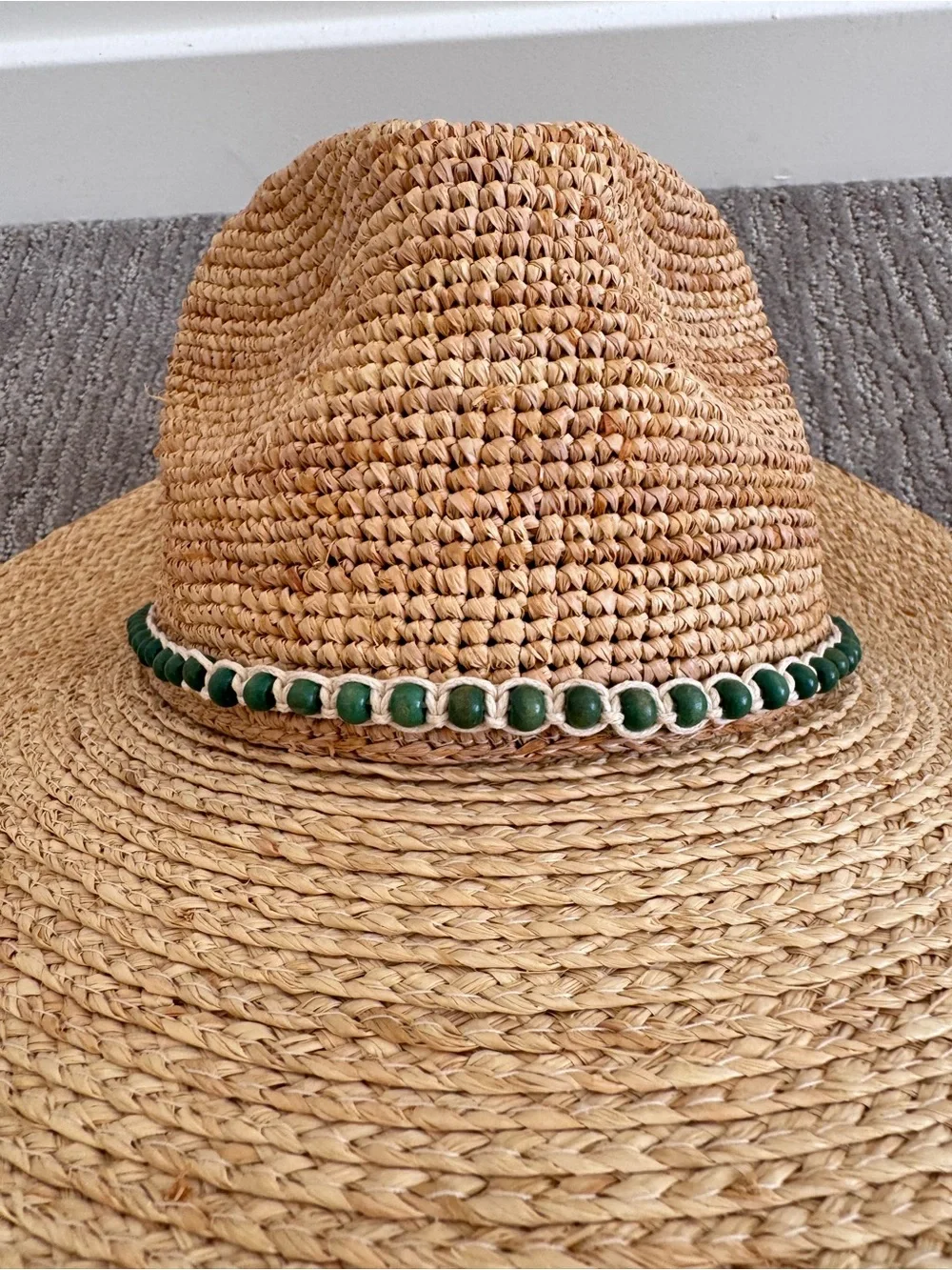 Coolibar Avery Raffia Fedora Hat UPF 50+ Wide Brim Beads Natural OS Coastal